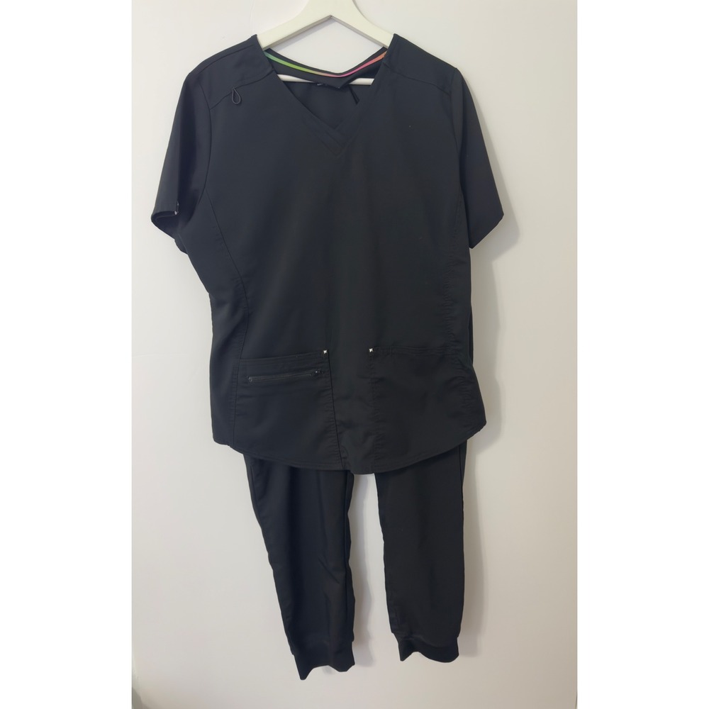SCRUBSTAR ULTIMATE Women's Black Jogger Scrub Pants & V Neck Top Set Large‎